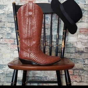 COLE HAAN Cowboy Boots Leather Woven Cognac Size 7